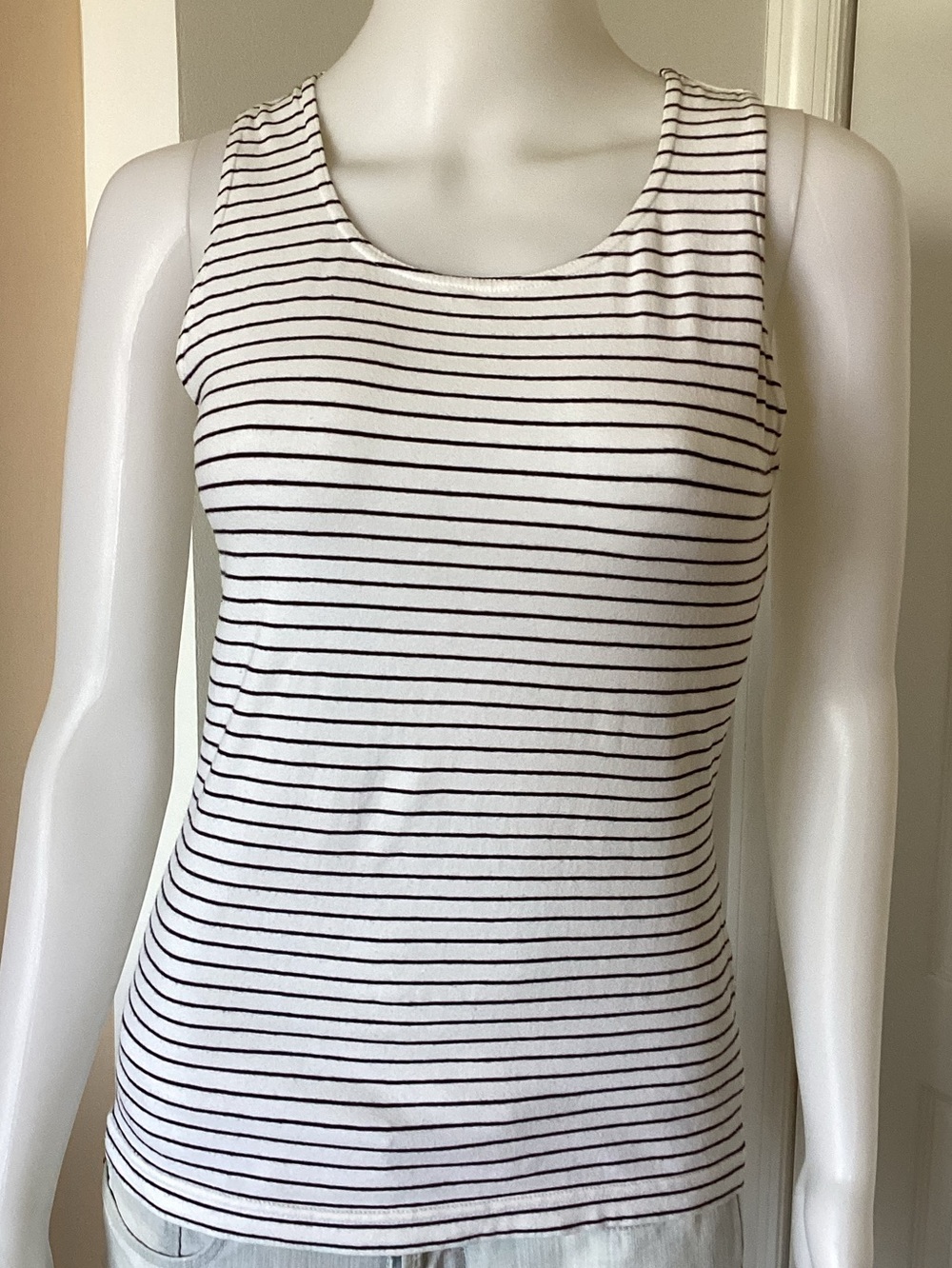 Vittadini White Tank Top with Black Stripes - Sleeveless Scoop Neck